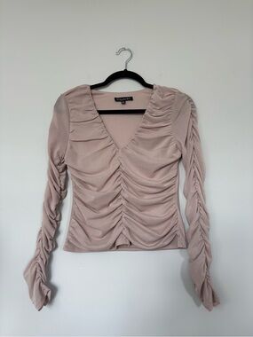 Stella Luce Sheer Ruched Long Sleeve Blouse Mauve Size M V-Neckline Fitted